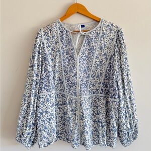 OldNavy Boho Floral Blouse Peasant Top Blue Button Front Long Sleeve 2X